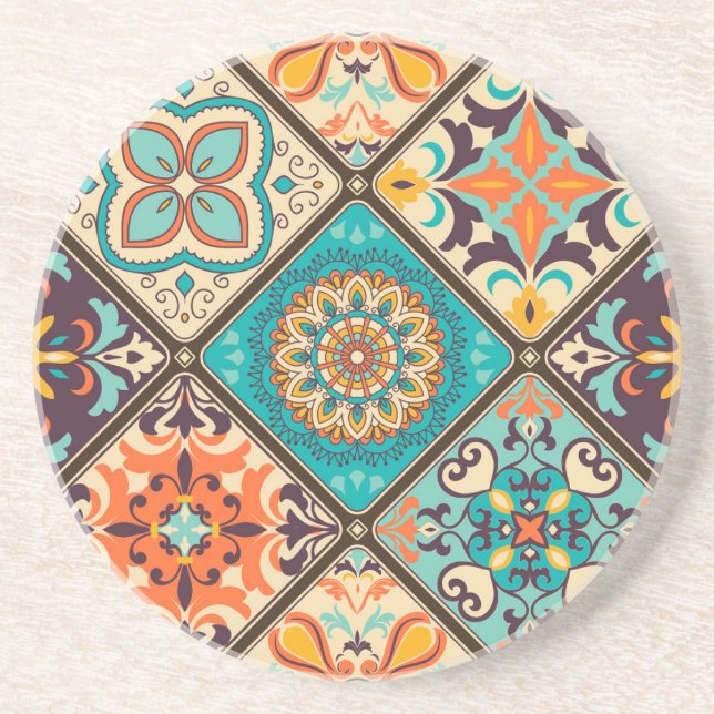 Colourful patchwork tile: Islamic motifs. Coaster (Front)