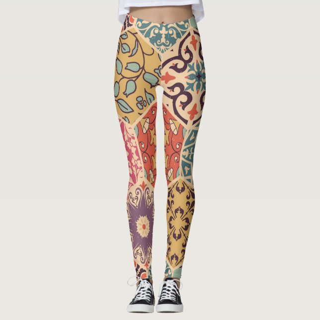 Colourful Patchwork Tile Islamic Motifs Leggings (Front)