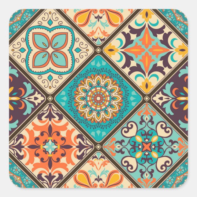 Colourful patchwork tile: Islamic motifs. Square Sticker (Front)