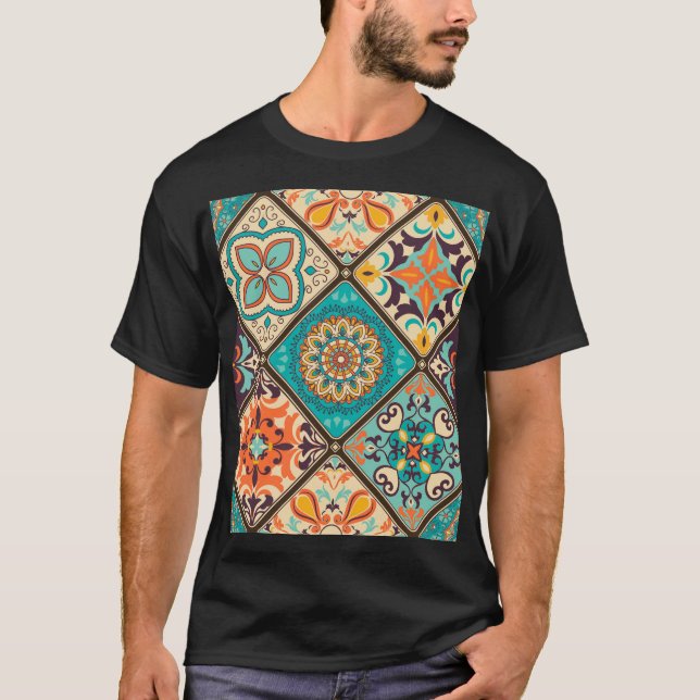 Colourful patchwork tile: Islamic motifs. T-Shirt (Front)