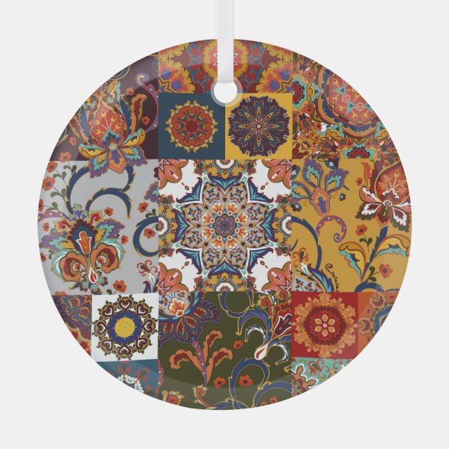 Colourful Patchwork Tile: Majolica Pottery Style Glass Tree Decoration (Front)