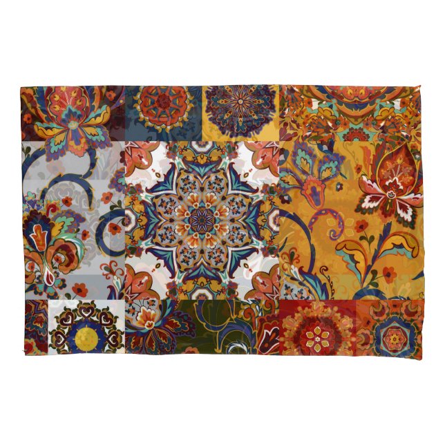 Colourful Patchwork Tile: Majolica Pottery Style Pillowcase (Front)
