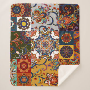 Colourful Patchwork Tile: Majolica Pottery Style Sherpa Blanket