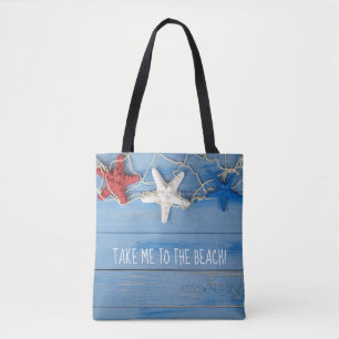 colourful patriotic starfish on wood with net tote bag