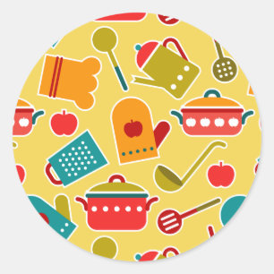 Colourful pattern of kitchen utensils classic round sticker