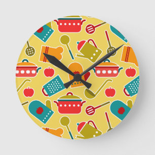 Colourful pattern of kitchen utensils round clock