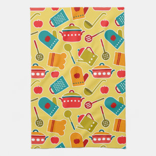 Colourful pattern of kitchen utensils tea towel