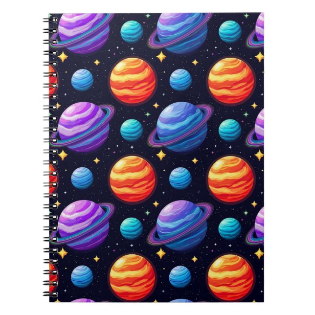 Colourful Pattern of Planets and Stars Notebook (Front)