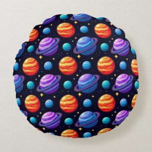 Colourful Pattern of Planets and Stars Round Cushion