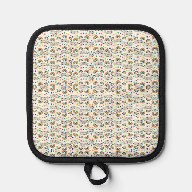 colourful pattern of small cartoon faces and flowe pot holder (Front)