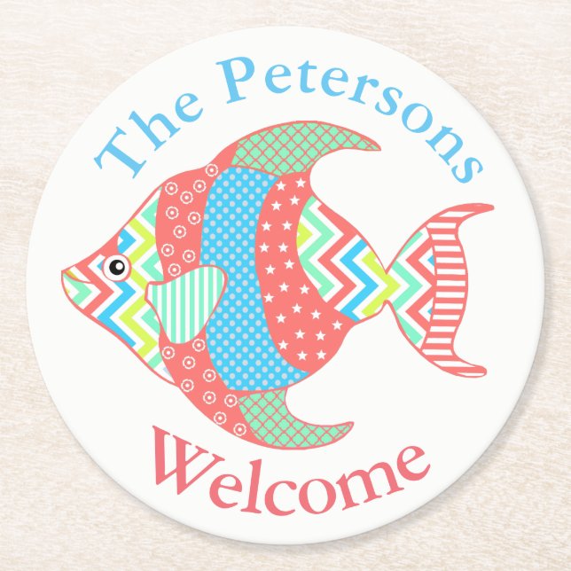 Colourful Patterned Fish Custom Paper Coasters (Front)