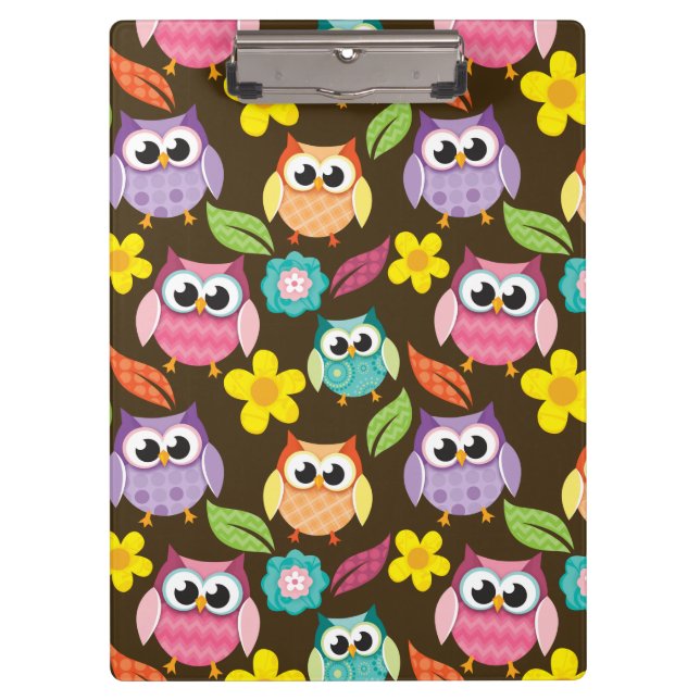 Colourful Patterned Owls and Flowers Clipboard (Front)