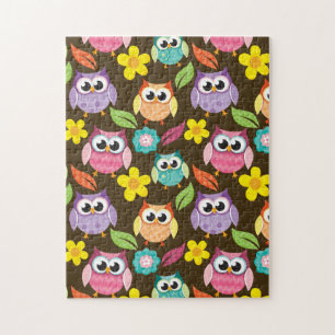 Colourful Patterned Owls and Flowers Jigsaw Puzzle