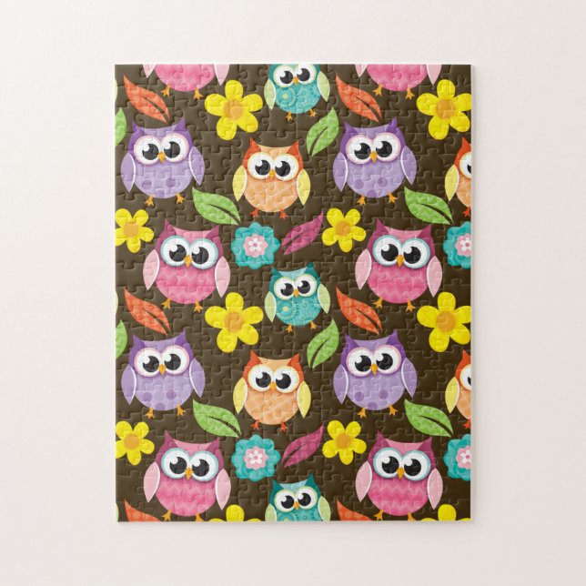 Colourful Patterned Owls and Flowers Jigsaw Puzzle (Vertical)