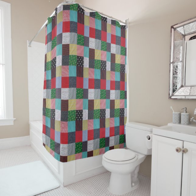 colourful patterned squares of patchwork shower curtain (In Situ)