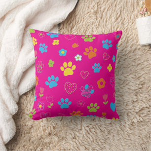 Colourful Paw Print, Heart, and Flower Pattern Cushion