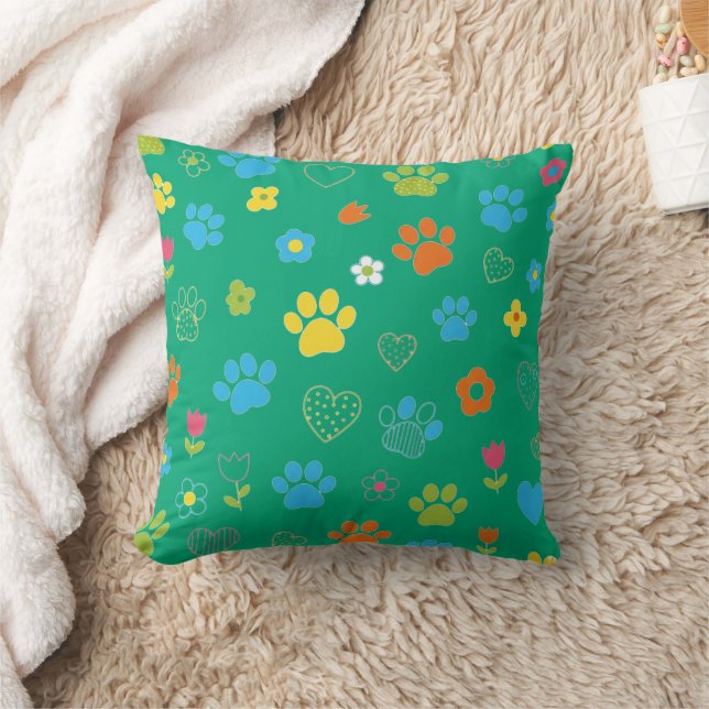 Colourful Paw Print, Heart, and Flower Pattern  Cushion (Blanket)