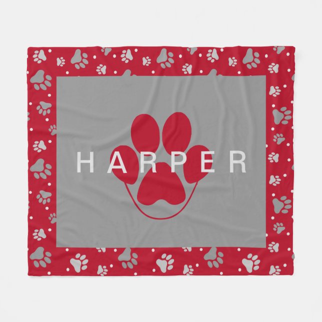 Colourful Paw Print Pattern Pet Name Red Fleece Pe (Front (Horizontal))