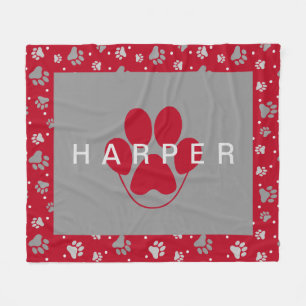 Colourful Paw Print Pattern Pet Name Red Fleece Pe Blanket