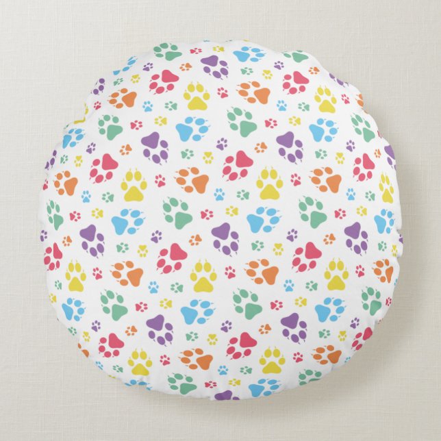 Colourful Paw Print Pattern Round Cushion (Front)