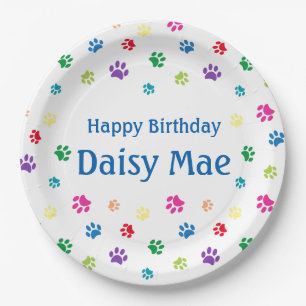 Colourful Paw Prints Blue Custom Pet Birthday Part Paper Plate