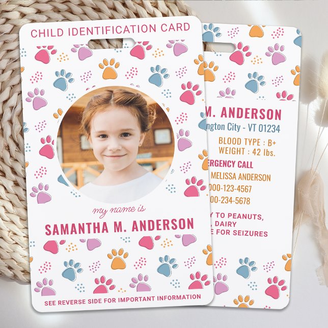Colourful Paw Prints Custom Photo Safety Child ID ID Badge (Creator Uploaded)