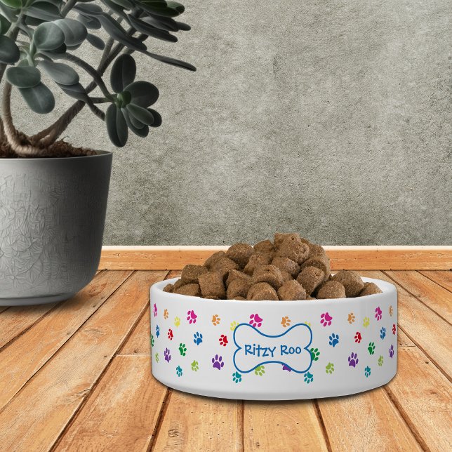 Colourful Paw Prints Dog's Name in Bone Bowl (Creator Uploaded)
