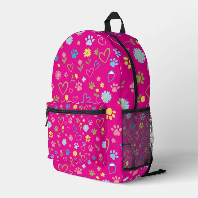 Colourful Paw Prints & Hearts Backpack Cute Floral (Back Corner Right)