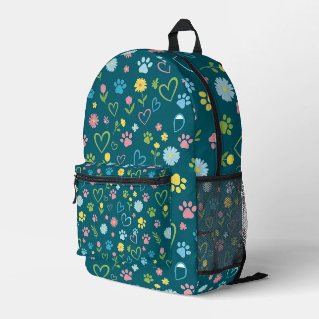 Colourful Paw Prints & Hearts Backpack Cute Floral (Back Corner Right)