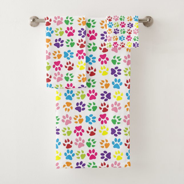 Colourful Paw Prints Pattern Bath Towel Set (Insitu)