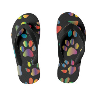Colourful Paw Prints Pattern (Black) Kid's Jandals