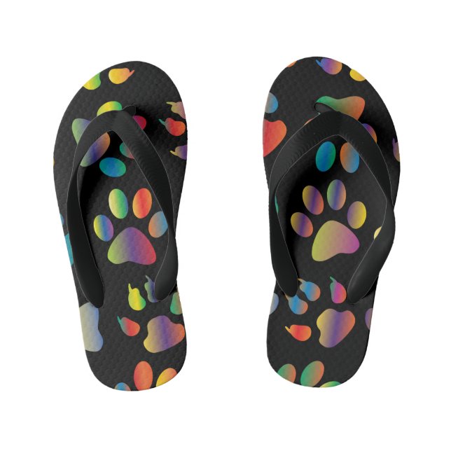 Colourful Paw Prints Pattern (Black) Kid's Jandals (Footbed)