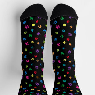 Colourful Paw Prints Pattern Black Socks