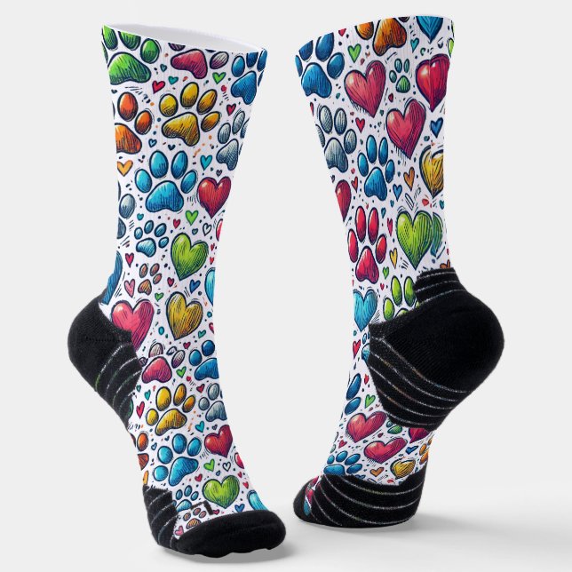 Colourful Paw Prints Pattern Cat Lovers Socks (Angled)