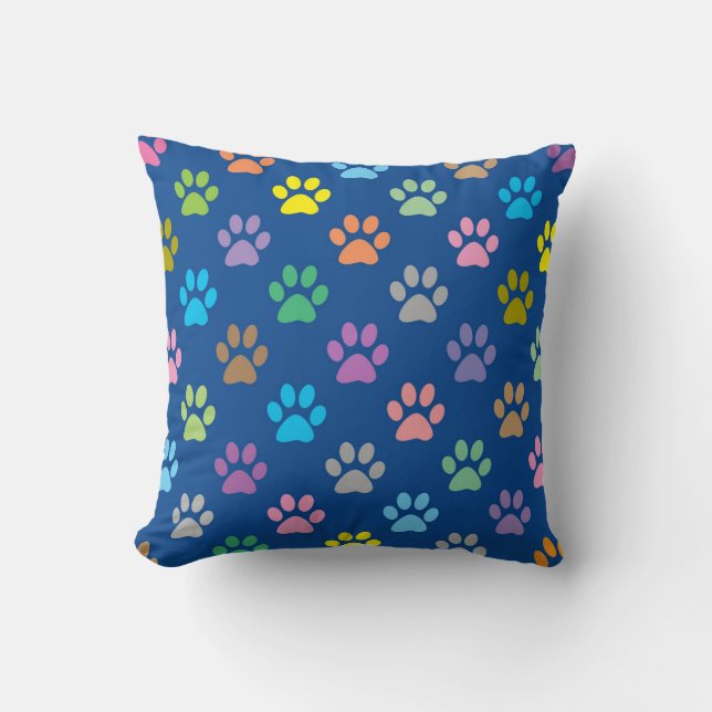 Colourful paw prints pattern cushion (Front)