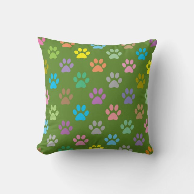 Colourful paw prints pattern cushion (Front)