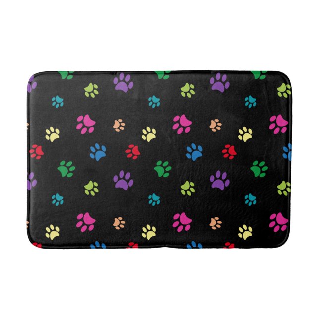 Colourful Paw Prints Pattern on Black Bath Mat (Front)
