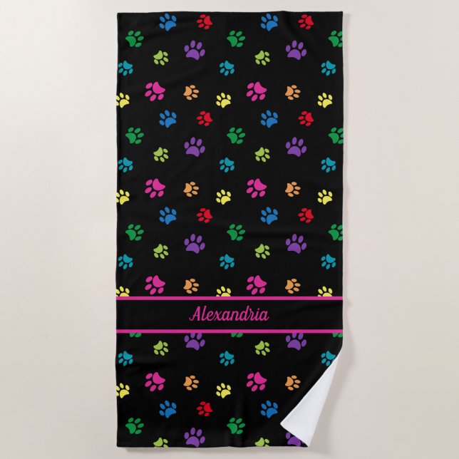 Colourful Paw Prints Pattern on Black Beach Towel (Front)