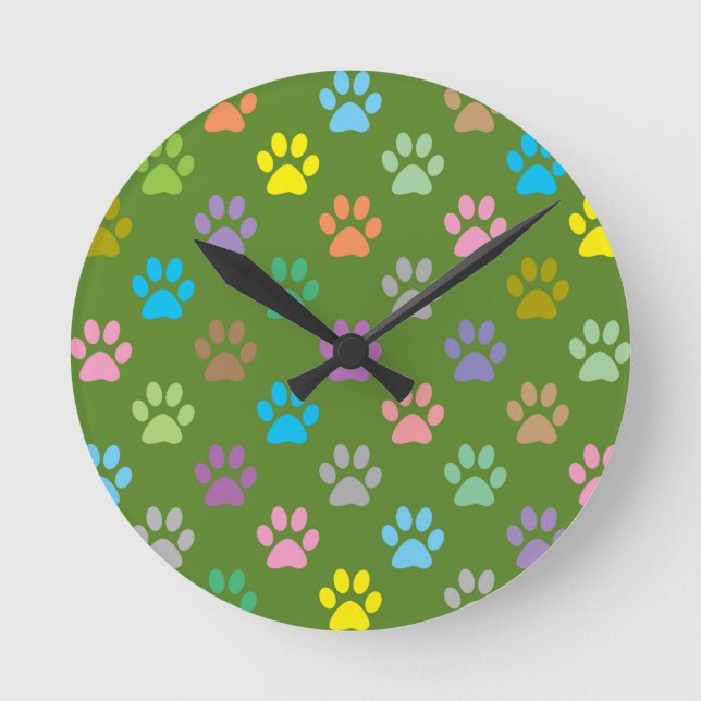 Colourful paw prints pattern round clock (Front)