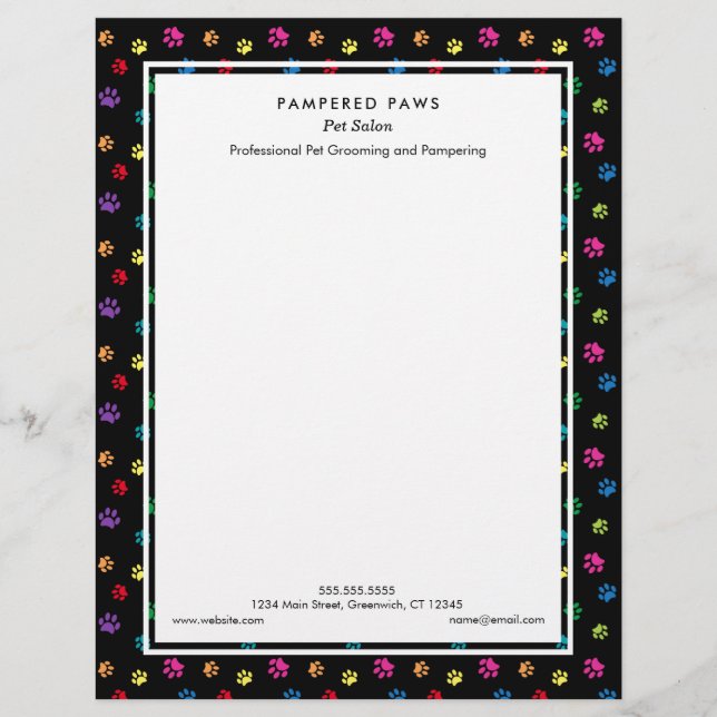 Colourful Paw Prints Pet Salon Custom Letterhead (Front)