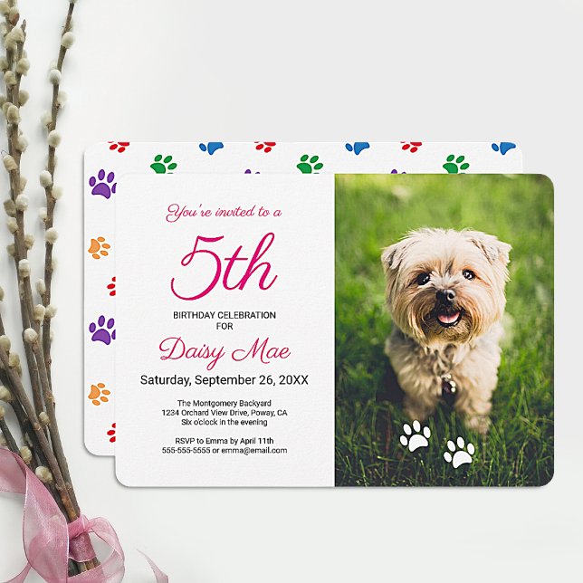 Colourful Paw Prints Pink Pet Birthday Photo Invitation (Creator Uploaded)