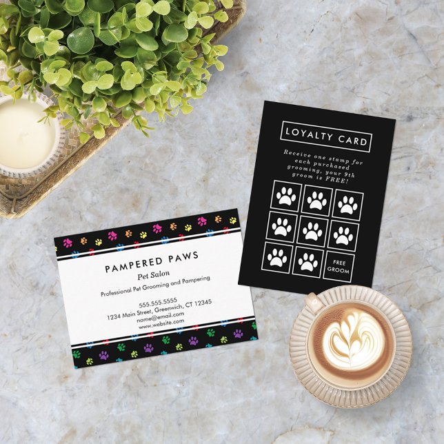 Colourful Paw Prints Professional Pet Salon Loyalty Card (Front and Back View)