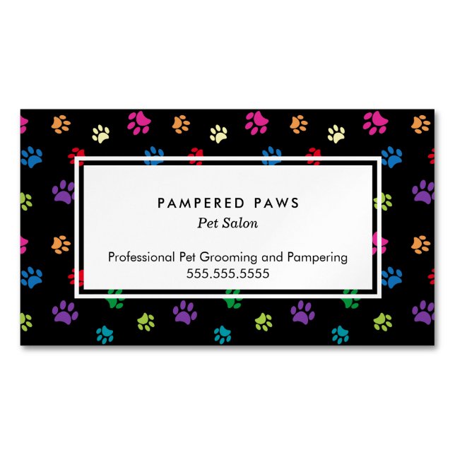 Colourful Paw Prints Professional Pet Salon Magnetic Business Card (Front)