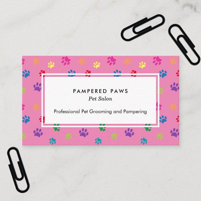 Colourful Paw Prints Professional Pet Salon Pink Business Card (Colorful Paw Prints Professional Pet Salon Pink Business Card)