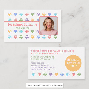 Colourful Paws Pattern With Custom Photo Dog Walke Business Card