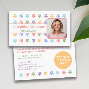 Colourful Paws Pattern With Custom Photo Dog Walke Business Card