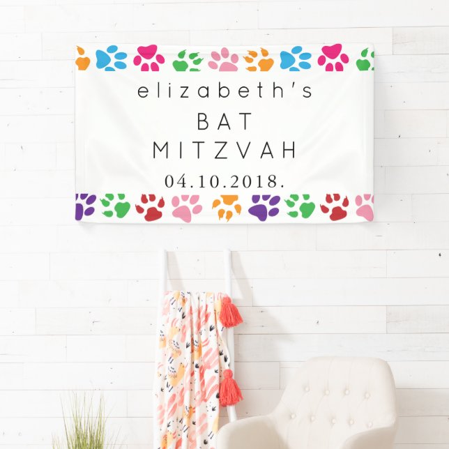 Colourful Paws, Paw Pattern, Dog Paws, Bat Mitzvah Banner (Insitu)