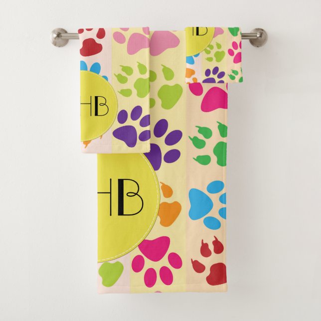 Colourful Paws, Paw Pattern, Dog Paws, Monogram Bath Towel Set (Insitu)
