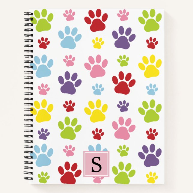 Colourful Paws, Paw Pattern, Dog Paws, Monogram Notebook (Front)