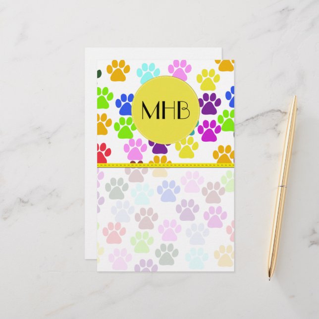 Colourful Paws, Paw Pattern, Dog Paws, Monogram Stationery (Front/Back In Situ)